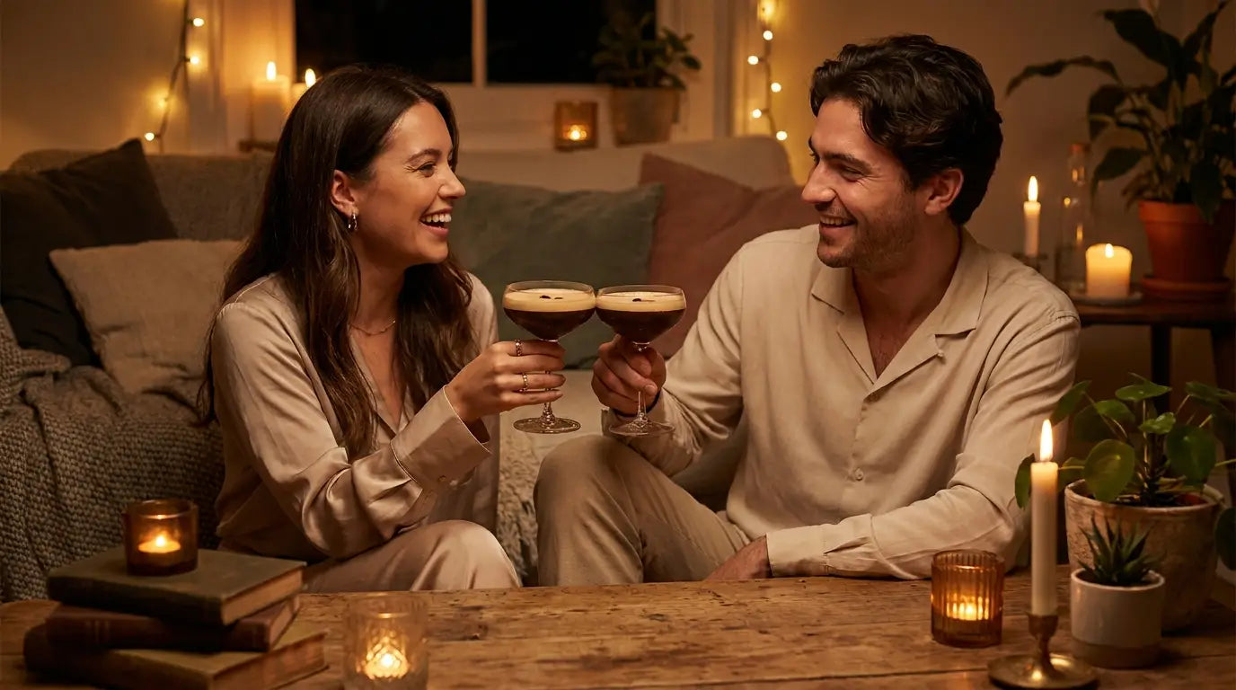 Espresso Martini i coupeglas med skum og kaffebønner – Mixaflow