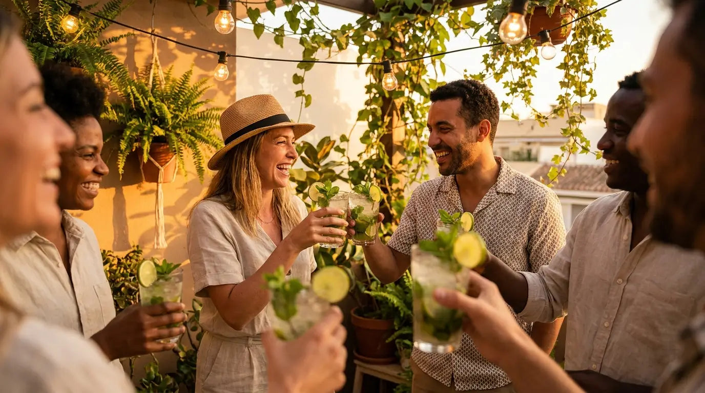 Venner skåler med mojitos på en terrasse – Mixaflow