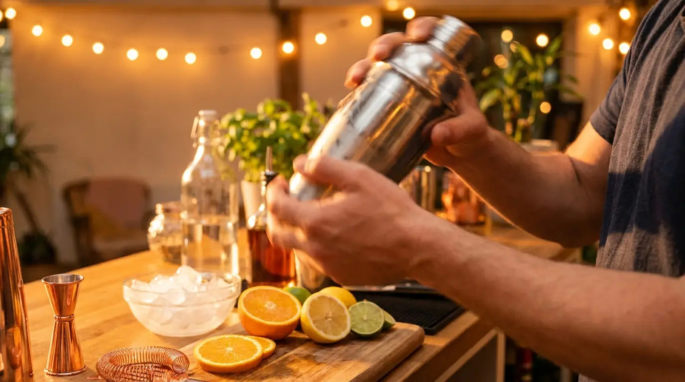 Hænder ryster en cocktailshaker ved en hjemmebar – Mixaflow