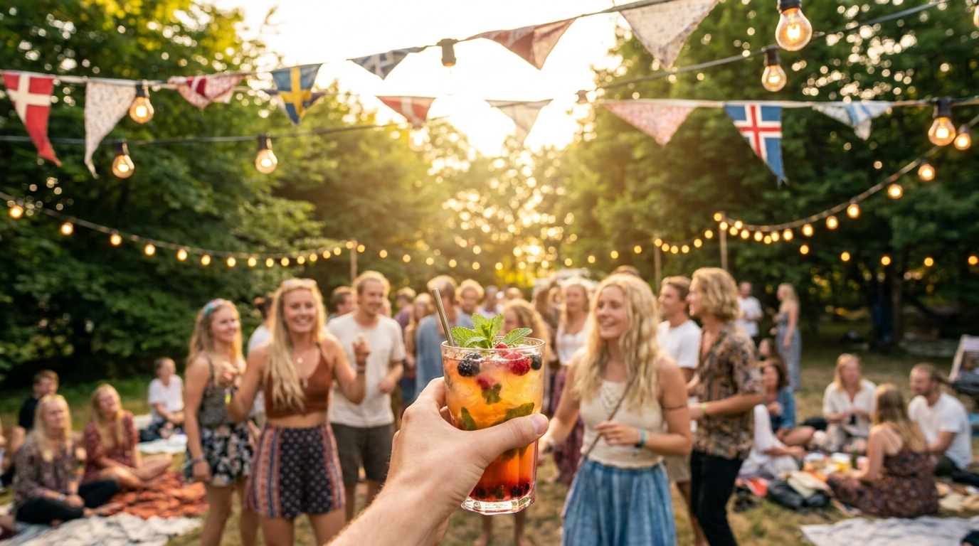 Dansk sommerfestival i gylden aftensol med cocktail i hånden