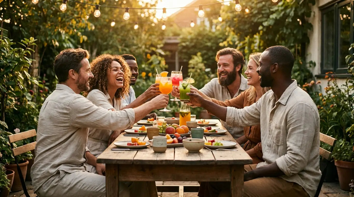 Venner skåler med farverige sommercocktails i en have ved gylden time – Mixaflow