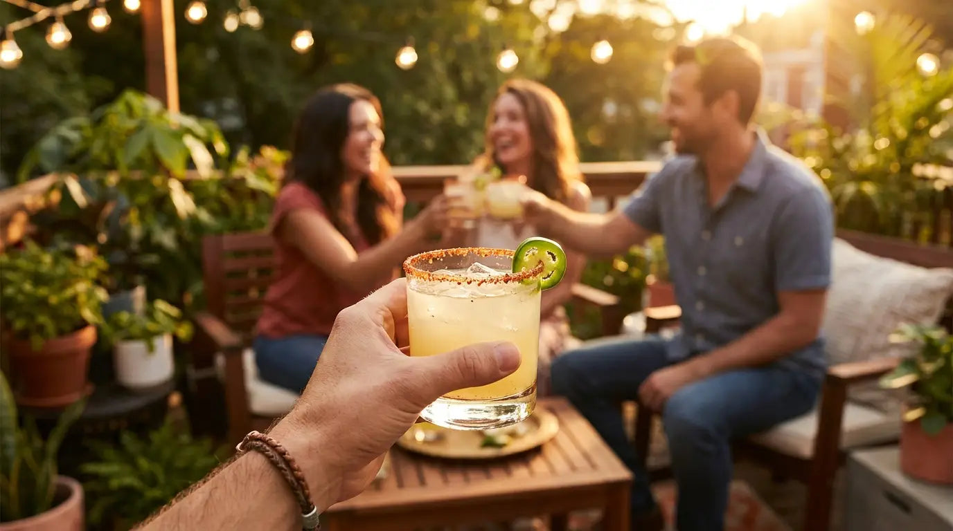 Spicy margarita med chili-saltkant og jalapeño på et terrassebord – Mixaflow