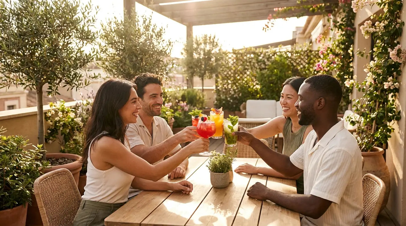 Tre farverige alkoholfri mocktails med bær og mynte på et terrassebord – Mixaflow