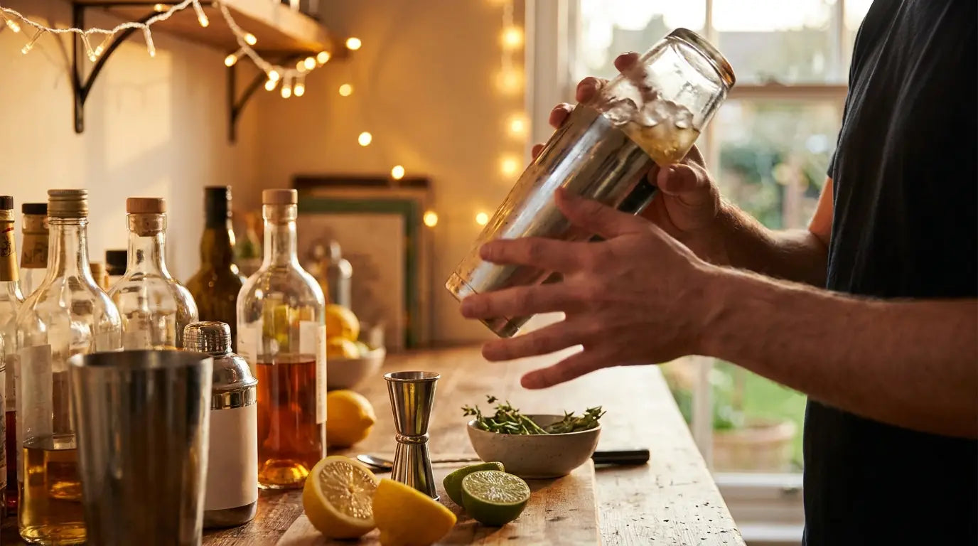Hjemmebar med shaker, jigger, citrus og flasker på en træbar – Mixaflow