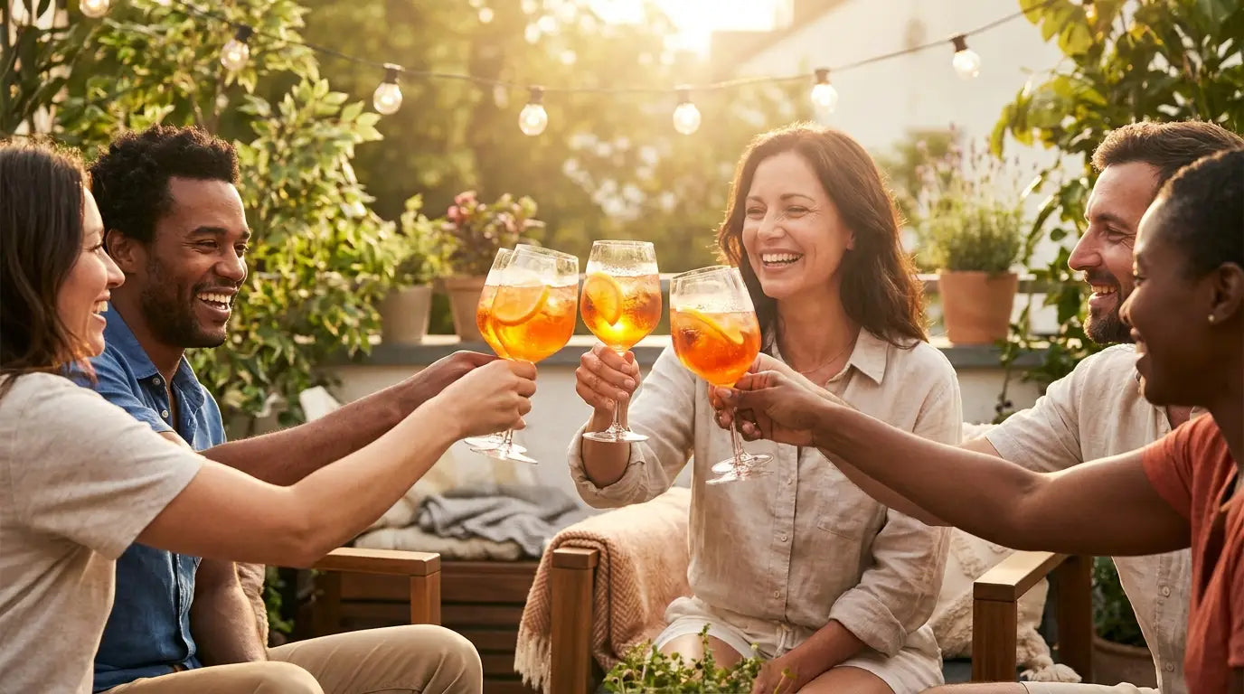 To spritz-cocktails i vinglas med citrus og bobler på et terrassebord – Mixaflow