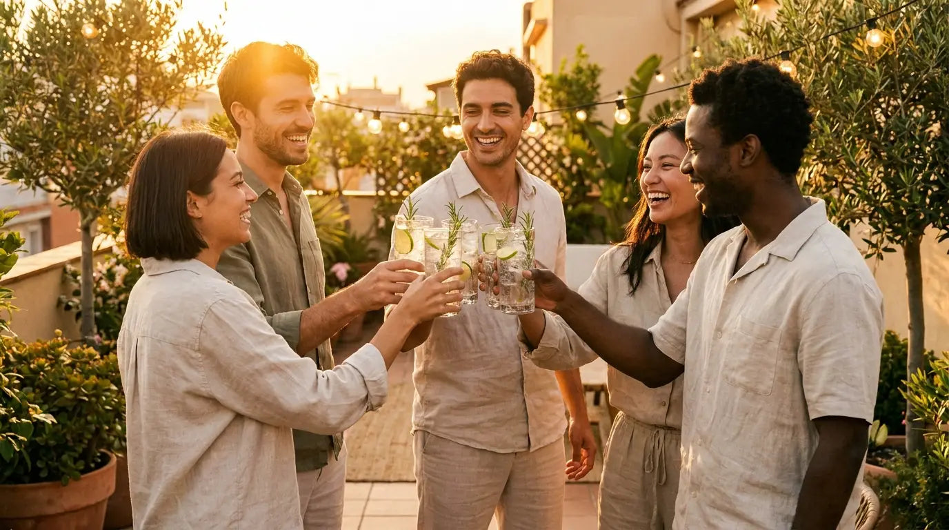 Venner skåler med gin og tonic på en terrasse – Mixaflow