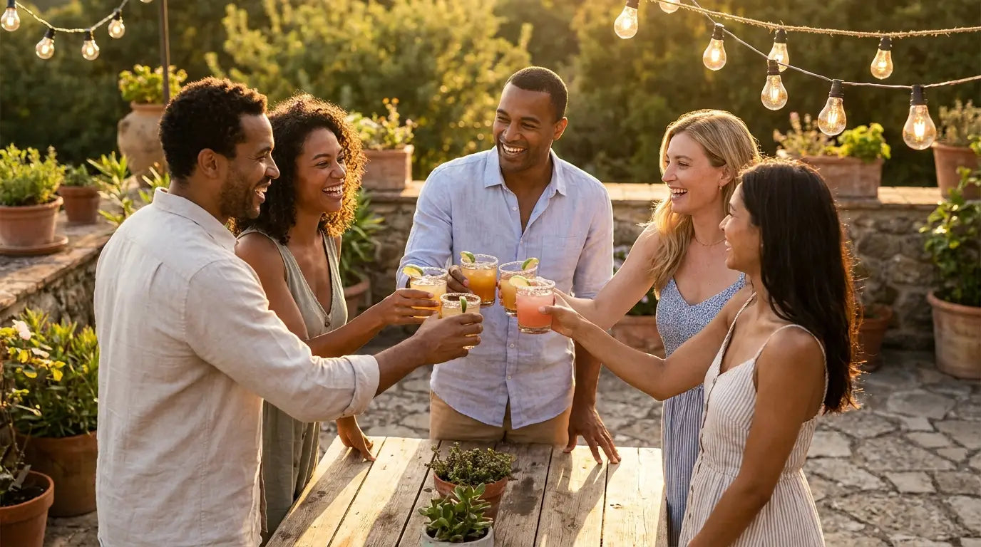 Venner skåler med margaritas på en terrasse – Mixaflow