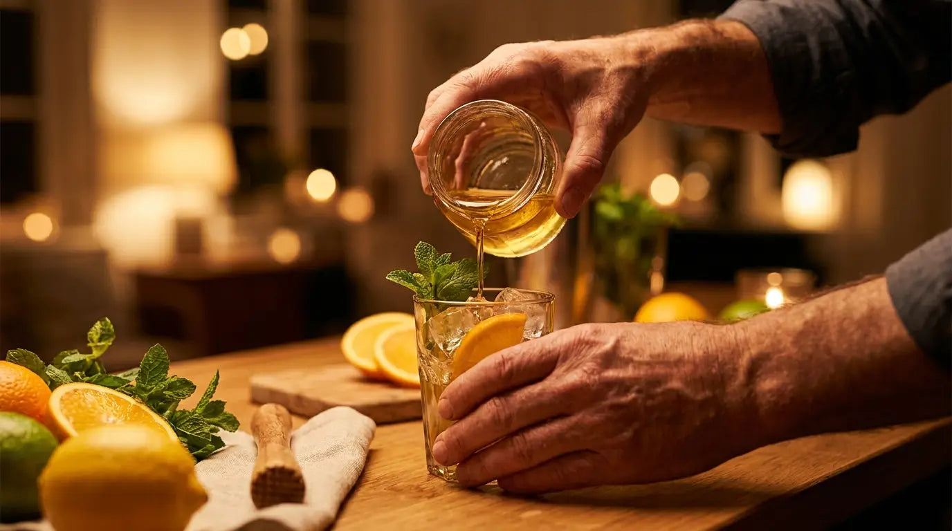 Hænder hælder hjemmelavet sukkersirup i en cocktail – Mixaflow
