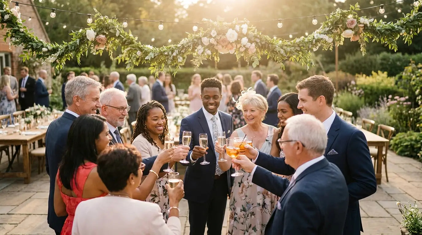 Bryllupsgæster skåler med cocktails til receptionen – Mixaflow