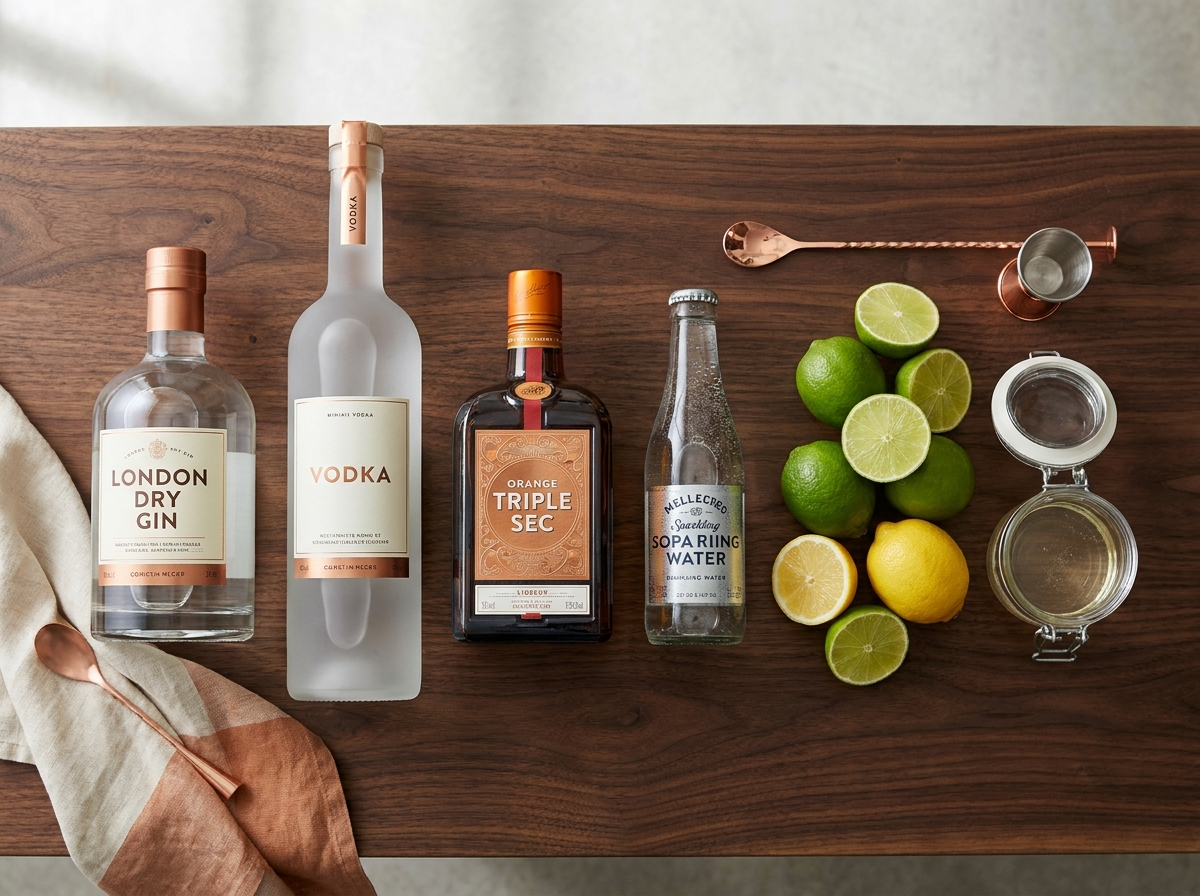 Ingredienser til Gin-bar: gin, vodka, triple sec, danskvand, citrus og sukkerlage
