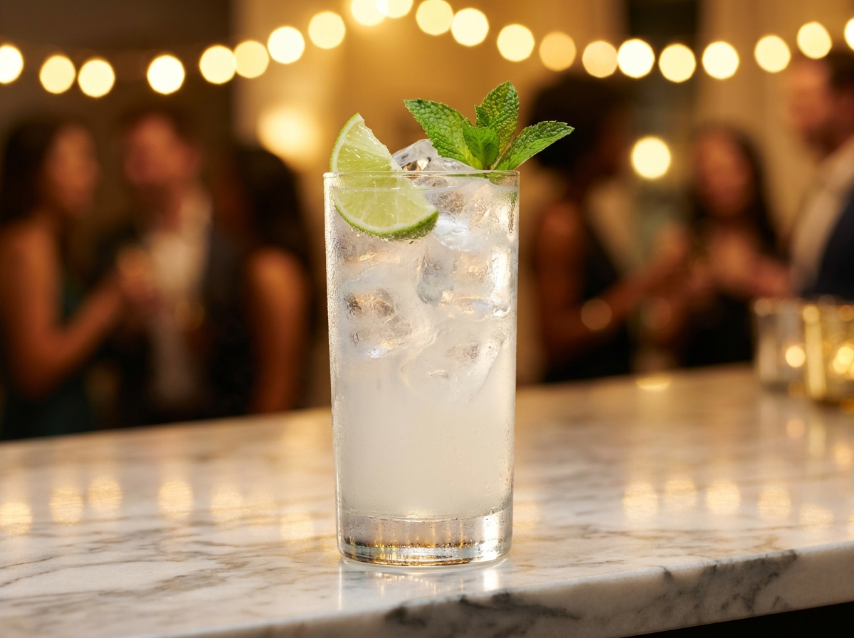 Frisk Gin Fizz cocktail med lime og mynte