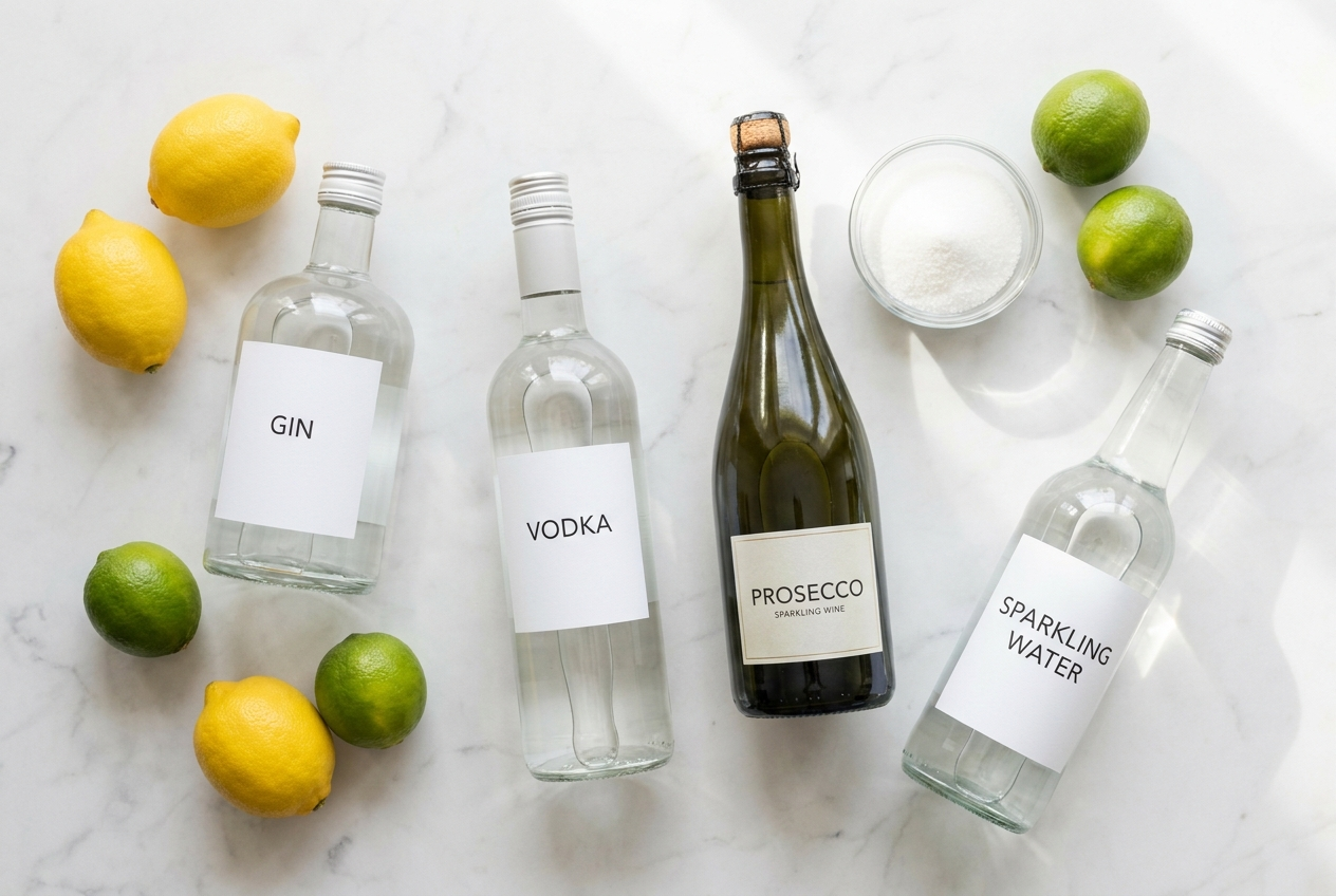 Ingredienser til Bryllup/Gala cocktailpakke — varer du selv køber i Danmark