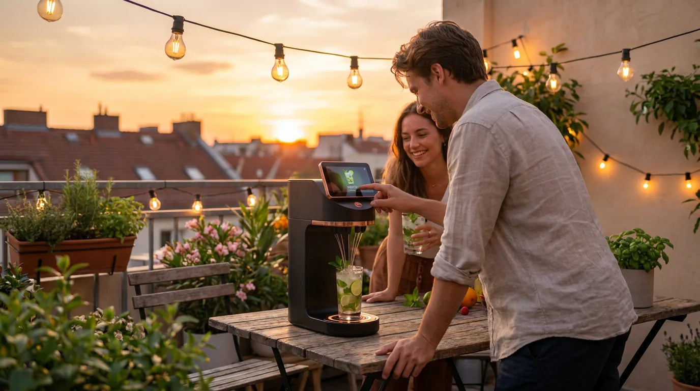 To venner bruger Mixaflow på en balkon i solnedgang