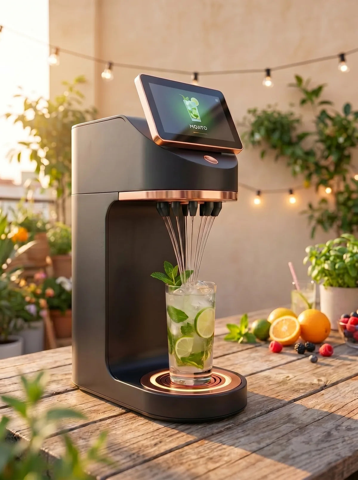 Detalje af Mixaflow-maskinens sorte dyser og kobber-base